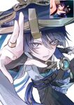  1boy absurdres anemo_symbol_(genshin_impact) arm_at_side arm_up armor belt bishounen black_belt black_bodysuit black_bow black_bridal_gauntlets black_hair black_shorts blue_gem blue_hat blue_jingasa blue_kimono blue_sleeves blunt_ends bodysuit bow bridal_gauntlets clothing_cutout commentary_request cowboy_shot derivative_work eyeliner feathers fingernails furisode game_screenshot_inset gem genshin_impact gold gold_ring grey_eyes hair_between_eyes hakama hakama_shorts hat highres hip_vent japanese_armor japanese_clothes jingasa juban kimono kote kurage_67 kurokote layered_sleeves lower_teeth_only makeup male_focus middle_ring open_clothes open_hand open_kimono open_mouth pleated_shorts pom_pom_(clothes) purple_rope purple_sash red_eyeliner reference_inset rope sash scaramouche_(genshin_impact) screenshot_inset short_sleeves shorts solo tassel teeth tsurime twitter_username vision_(genshin_impact) wanderer_(genshin_impact) white_background white_kimono white_sleeves yellow_feathers 