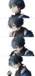  1boy artist_name black_bodysuit black_bridal_gauntlets black_hair blue_cape blunt_ends bodysuit bridal_gauntlets bright_pupils cape closed_mouth commentary covering_own_mouth facing_down genshin_impact gold_ring grey_eyes hair_over_one_eye hand_over_own_mouth hand_up highres japanese_clothes kimono looking_to_the_side male_focus mandarin_collar middle_ring mucithy multiple_expressions parted_lips scaramouche_(genshin_impact) sequential shoulder_peek side_cape sideways_mouth smile solo tsurime wanderer_(genshin_impact) white_background white_kimono white_mouth white_pupils wispy_bangs 