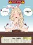  1girl absurdres alma_prisma_(lopartbymarah) animal_ears art_trade blonde_hair blue_sky blush bow braid breasts brown_bow brown_ribbon closed_eyes collarbone commission dress english_text fake_animal_ears highres long_hair lopartbymarah open_mouth original outdoors own_hands_together parted_bangs pink_dress rabbit_ears ribbon rwby shirt signature single_braid sky smile solo speech_bubble table teeth upper_teeth_only waist_ribbon white_dress white_shirt 