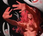  1girl arms_up black_background cerisebird commentary eyelashes ghost hand_shadow_covering_breasts_(meme) highres long_hair meme one_piece outstretched_arms perona pink_hair shadow smile solo tongue tongue_out twintails upper_body 