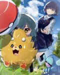  2girls antenna_hair black_overskirt black_vest blue_ribbon blue_skirt blue_sky blurry browt chibi chibigurumi cloud commentary_request crossover depth_of_field gakuen_idolmaster gecqua grass green_hair hataya_misuzu hatsuboshi_gakuen_school_uniform highres idolmaster long_sleeves looking_at_object multiple_girls na_ninafg neck_ribbon outdoors pleated_skirt poke_ball poke_ball_(basic) pokemon pokemon_(creature) pokemon_winds_and_waves pombon purple_hair ribbon riding riding_pokemon school_uniform shirt skirt sky tongue tongue_out tsukimura_temari vest white_shirt 