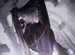  1girl a2_(nier:automata) android artist_name black_gloves black_shirt blue_eyes closed_mouth english_commentary from_behind gloves half_gloves highres holding holding_scissors kazeya light_particles long_hair long_sleeves looking_at_viewer nier_(series) scissors see-through_clothes shirt solo standing upper_body white_hair 