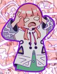  1girl aoza commentary_request cropped_torso crying d: dress dripping_eye green_dress hands_on_own_head highres jacket kaf_(kamitsubaki_studio) kamitsubaki_studio long_hair open_mouth pink_hair twintails virtual_youtuber white_jacket wide_oval_eyes zoom_layer 
