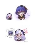  2girls ahoge belle_(zenless_zone_zero) black_hat black_jacket blue_hair blush bow bowtie chibi chibi_only commentary crossed_bangs drill_hair drill_sidelocks gem green_eyes hair_between_eyes hairband hat heart highres holding holding_photo hue_oo jacket long_hair multiple_girls necktie official_alternate_costume open_mouth orange_necktie photo_(object) pointy_ears purple_bow purple_bowtie purple_gem purple_hair purple_hairband red_eyes short_hair shrug_(clothing) sidelocks simple_background untranslatable_commentary vivian_banshee white_background white_shrug zenless_zone_zero 