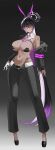  1girl absurdres animal_ear_hairband animal_ears black_hair black_jacket black_pants black_shoes blue_archive blush breasts cleavage commentary_request dark-skinned_female dark_skin fake_animal_ears gloves gradient_hair groin hair_between_eyes hairband halo harness highres jacket karin_(blue_archive) korean_commentary large_breasts looking_at_viewer multicolored_hair navel necktie nontraditional_playboy_bunny open_clothes open_jacket pants ponytail purple_hair purple_halo purple_necktie rabbit_ear_hairband rabbit_ears reverse_bunnysuit reverse_outfit shoes shrug_(clothing) single_glove solo weiiew white_gloves white_shrug yellow_eyes 