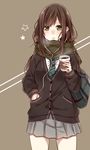  bag blush brown_hair cardigan coffee coffee_cup cowboy_shot cup disposable_cup earbuds earphones enpera green_eyes green_scarf grey_skirt hair_over_one_eye hand_in_pocket highres holding holding_bag holding_cup idolmaster idolmaster_cinderella_girls long_hair looking_at_viewer messy_hair necktie nose_blush parted_lips pleated_skirt scarf school_bag school_uniform shibuya_rin skirt solo standing star striped striped_neckwear two-tone_background yamasuta 