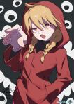  1girl 1other ahoge artist_name black_shirt blonde_hair braid coat demon extra_eyes gabriel_(yomi_no_tsugai) gabu_(yomi_no_tsugai) hair_between_eyes hand_in_pocket hand_up highres hood hood_up hooded_coat hoodie long_hair long_sleeves niboshidrip open_mouth purple_eyes red_coat red_hood red_hoodie shirt teeth twin_braids upper_body yomi_no_tsugai 