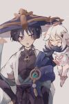  1boy 1girl anemo_symbol_(genshin_impact) aqua_gem armor arms_at_sides belt black_belt black_bodysuit black_bow black_bridal_gauntlets black_hair black_scarf black_shorts blue_cape blue_hat blue_jingasa blue_kimono blue_sleeves blunt_ends blush_stickers bodysuit bow bridal_gauntlets cape choppy_bangs closed_eyes commentary_request covered_collarbone diamond_hair_ornament eyeliner facing_another feathers floating furisode gem genshin_impact gold grin halo hand_on_own_hip hat highres japanese_armor japanese_clothes jingasa juban kimono kote kurokote layered_sleeves levitation light_blush long_sleeves looking_at_another makeup mandarin_collar mechanical_halo medium_hair open_clothes open_kimono open_mouth paimon_(genshin_impact) pink_halo pom_pom_(clothes) purple_eyes purple_rope purple_sash raised_eyebrow red_eyeliner romper rope sash scaramouche_(genshin_impact) scarf shankoo_(zattasyanko) short_sleeves shorts shoulder_peek side-by-side side_cape sideways_glance single_thighhigh smile thighhighs tsurime two-sided_fabric two-sided_headwear uneven_eyes wanderer_(genshin_impact) white_background white_hair white_kimono white_romper white_sleeves yellow_feathers 