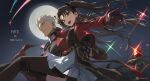  1boy 1girl absurdres archer_(fate) archer_(honkai:_star_rail)_(fate) armor black_armor black_shirt black_thighhighs blue_eyes breasts bum_hico carrying commentary_request dark-skinned_male dark_skin earrings fate/stay_night fate_(series) full_moon gloves highres honkai:_star_rail honkai_(series) hoop_earrings jacket jewelry long_hair medium_breasts moon open_mouth princess_carry red_jacket rin's_pendant_(fate) shirt short_hair skirt smile thighhighs tohsaka_rin tohsaka_rin_(honkai:_star_rail) twintails white_hair white_skirt 