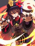 1girl absurdres ap_cammy bead_bracelet beads black_hat black_nails black_shoes boo_tao_(genshin_impact) bracelet brown_coat brown_hair coat commentary cowboy_shot flower flower-shaped_pupils genshin_impact ghost ghost_pose hat hat_flower hat_tassel highres hu_tao_(genshin_impact) jewelry long_hair long_sleeves looking_at_viewer plum_blossoms porkpie_hat red_eyes shoes smile solo symbol-shaped_pupils twintails 