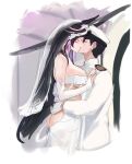  1boy 1girl animal_ears arms_around_another's_waist ass azur_lane bare_shoulders black_hair breasts bride chiyu1182 cleavage closed_eyes commander_(azur_lane) commentary dress facial_mark fox_ears fox_girl fox_tail hands_on_another's_chest hat highres jewelry kiss kitsune large_breasts long_hair military_uniform musashi_(azur_lane) naval_uniform ring simple_background tail very_long_hair wedding_dress wedding_ring 