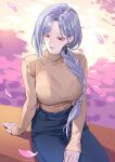  1girl absurdres alternate_costume artist_name braid breasts brown_sweater chromatic_aberration closed_mouth commentary denim earrings english_commentary grey_hair highres hiyuki_(wuthering_waves) jeans jewelry large_breasts long_hair long_sleeves looking_at_viewer pants petals pink_petals red_eyes rh_og69 shirt_tucked_in smile solo sweater wuthering_waves 