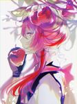  apple food fruit highlights highres holding long_hair looking_to_the_side multicolored_hair original pink_eyes poni_(rito) profile purple_hair solo tree tree_branch 