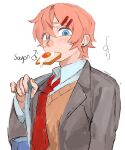  1boy bag blue_eyes blush bread bread_slice brown_hair character_name doki_doki_literature_club doki_doki_literature_club_school_uniform ear_piercing food food_in_mouth fried_egg fried_egg_on_toast from_below genderswap genderswap_(ftm) grey_suit hair_between_eyes hair_ornament hairclip high_collar highres lapels long_sleeves looking_at_viewer looking_down male_focus mangopp mars_symbol mouth_hold necktie nose nose_blush orange_vest parallel_hairclips piercing red_necktie sayori_(doki_doki_literature_club) school_uniform shirt short_hair shoulder_bag simple_background solo suit toast toast_in_mouth vest white_background white_shirt 