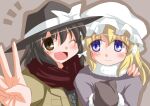  2girls alternate_costume black_gloves black_hat blonde_hair blue_eyes bow brown_eyes coat commentary_request fang fedora gloves grey_background grey_sweater hair_bow hand_on_another's_shoulder hat kikkawa_(citrus_fruits) long_hair maribel_hearn medium_hair mob_cap multiple_girls one_eye_closed open_mouth outline purple_coat red_scarf scarf smile sweater touhou trench_coat upper_body usami_renko v white_bow white_hat winter_gloves yellow_coat 