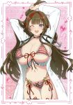  +_+ 1girl :d absurdres adjusting_hair arm_behind_head arms_up ass_visible_through_thighs black_thighhighs blue_eyes bra breasts brown_hair chinese_knot cleavage coat copyright_logo doctor earrings flower-shaped_pupils front-fastening_bra front-tie_bra garter_straps groin hair_ornament hairclip hairpin highres huge_breasts jewelry lab_coat logo long_hair looking_at_viewer mismatched_earrings multicolored_hair multiple_hairclips navel non-web_source official_art one_eye_closed open_clothes open_coat open_mouth panties pink_background pink_pupils ponytail red_bra red_panties red_streaks revealing_clothes scan self-scan senran_kagura senran_kagura_new_link short_ponytail skindentation smile solo stethoscope_around_neck streaked_hair striped_bra striped_clothes striped_panties symbol-shaped_pupils teeth thighhighs toki_(senran_kagura) underwear upper_teeth_only very_long_hair yaegashi_nan 