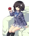  absurdres apple black_legwear blazer blue_neckwear bob_cut brown_eyes brown_hair bunny_hair_ornament food fruit hair_ornament highres jacket kono_bijutsubu_niwa_mondai_ga_aru! looking_at_viewer normaland pleated_skirt school_uniform short_hair sitting skirt smile solo usami_mizuki 