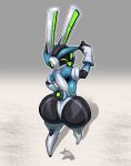  anthro big_butt black_body blue_clothing boots breasts butt clothing electronics eyelashes female footwear gloves green_eyes hand_on_hat handwear headphones hi_res jumpsuit lagomorph leporid looking_back machine mammal no_pupils one_eye_closed project_turboblast rabbit robot screen screen_face shoes solo stormrayneart tail tempo_(project_turboblast) tipping_hat white_clothing wink 