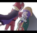  2boys armor at_knifepoint beanie black_cape blonde_hair brown_eyes cape char_aznable commentary_request garma_zabi green_cape gundam hair_over_one_eye hat helmet mobile_suit_gundam multiple_boys open_mouth purple_hair surprised tira_zhang yellow_hat 
