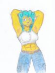  anthro arms_above_head blue_hair bra canid canine canis clothed clothing domestic_dog dontdomolly female floppy_ears fully_clothed hair hi_res mammal muscular muscular_female purple_eyes raised_arm solo sports_bra underwear yellow_body 