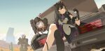  1girl ahoge angry asymmetrical_legwear bare_legs bird black_dress black_gloves black_hair boqee cactus car_trunk character_request clear_sky crossed_legs dress eagle gas_mask girls'_frontline gloves hair_ornament half-life_(series) half-life_2 holding holding_weapon jewelry long_hair mask metrocop monocle sand sky solo weapon yellow_eyes 