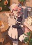  1girl absurdres alternate_costume animal_ear_fluff animal_ears apron arknights black_dress blue_eyes blurry blurry_foreground bow bowtie cafe chair chinese_commentary closed_mouth coffee_maker commentary dress enmaided feet_out_of_frame frilled_apron frills hair_between_eyes hand_up highres holding holding_tray long_sleeves maid maid_apron maid_headdress menu pantyhose pink_hair pink_tail plant round_table short_hair shruz sleeve_garter solo standing sussurro_(arknights) table tail tray white_apron white_bow white_bowtie white_pantyhose white_tail wooden_chair wooden_table 