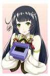  artist_name bare_shoulders black_hair box cellphone commentary cupping_hands darkmaya dated detached_sleeves green_eyes hair_ornament hair_tubes japanese_clothes kantai_collection kimono lips long_hair mizuho_(kantai_collection) phone sidelocks signature smartphone smile solo tawawa_challenge upper_body 