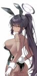  1girl ahoge animal_ear_hairband animal_ears armpit_crease ass back bare_back bare_shoulders black_hair black_hairband black_leotard blue_archive breasts closed_mouth commentary cowboy_shot dark-skinned_female dark_skin detached_collar eyes_visible_through_hair fake_animal_ears fake_tail fishnet_pantyhose fishnets from_behind gloves hair_between_eyes hairband halo highleg highleg_leotard highres karin_(blue_archive) karin_(bunny)_(blue_archive) kedge large_breasts leotard long_hair looking_at_viewer looking_back official_alternate_costume official_alternate_hairstyle pantyhose ponytail purple_halo rabbit_ear_hairband rabbit_ears rabbit_tail sideboob sidelocks simple_background skindentation slit_pupils solo strapless strapless_leotard tail tsurime very_long_hair white_background white_gloves yellow_eyes 