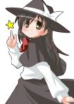  1girl black_capelet black_hat black_skirt blush bow bowtie braid brown_eyes capelet commentary_request cowboy_shot from_side hat hat_bow kikkawa_(citrus_fruits) long_hair long_sleeves looking_at_viewer red_bow red_bowtie shirt shirt_tucked_in single_braid skirt smile solo touhou turning_head usami_renko white_background white_bow white_shirt 