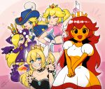  5girls alternate_costume blonde_hair blue_eyes bowsette chris-thekid crown highres horns mario_(series) mario_strikers_(series) mario_tennis meme multiple_girls official_alternate_costume one_eye_closed ponytail princess princess_peach princess_peach:_showtime! red_hair super_mario_bros._1 swordfighter_peach warupeach 