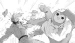  2boys animal_head armor belt black_souls black_souls_2 commentary cowboy_shot full_armor greyscale grimm_(black_souls) helmet highres hitting knight long_sleeves lorde_(black_souls) meme monochrome multiple_boys naoya_hitting_choso_without_looking_(meme) owl_boy panties sasa_sou scarf simple_background underwear unworn_panties 