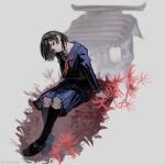  1girl altar arms_at_sides artist_name black_eyes black_hair black_shoes black_socks blue_sailor_collar blue_serafuku blue_shirt blue_skirt blurry blurry_background commentary english_commentary flower full_body grey_background hair_behind_ear head_tilt highres ink_(inkypyon) kneehighs loafers long_sleeves looking_at_viewer neckerchief on_ground parted_lips pleated_skirt red_flower red_neckerchief sailor_collar school_uniform serafuku shimizu_hinako shirt shoes short_hair silent_hill_(series) silent_hill_f sitting skirt socks solo spider_lily twitter_username 