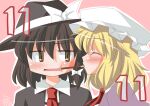  2girls :| black_capelet black_hat blonde_hair blush bow brown_eyes brown_hair capelet cheek_poking closed_eyes closed_mouth collared_dress collared_shirt commentary_request contrast_collar dress food food_in_mouth from_side hat hat_bow kikkawa_(citrus_fruits) maribel_hearn medium_hair multiple_girls neck_ribbon necktie outline pink_background pocky pocky_in_mouth poking red_necktie red_ribbon ribbon shirt smile straight-on touhou upper_body usami_renko white_bow white_outline white_shirt yuri 