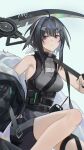  1girl absurdres ahoge arknights bare_shoulders black_hair black_jacket black_shorts blue_background blue_eyes breasts feather_hair feet_out_of_frame fingerless_gloves fur-trimmed_jacket fur_trim gloves grey_shirt hair_intakes hair_ornament hairclip highres holding holding_scythe jacket joker_(jjjokerrr233) la_pluma_(arknights) looking_at_viewer medium_breasts open_clothes open_jacket over_shoulder scythe shirt short_hair shorts simple_background sitting sleeveless sleeveless_shirt solo weapon weapon_over_shoulder 