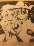  2girls absurdres blush bow collared_dress collared_shirt commentary_request cowboy_shot dated dress fang hat hat_bow heart highres kikkawa_(citrus_fruits) long_sleeves maribel_hearn medium_hair monochrome multiple_girls necktie one_eye_closed open_mouth outline photo_(medium) shikishi shirt smile touhou translation_request usami_renko 