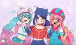  3girls :d alternate_costume animal_hat aqua_eyes blue_eyes blue_overalls blue_skirt blush blush_stickers cat_hat chris-thekid cool_mita_(miside) crop_top crossover double_v fortnite giffany gradient_hair gravity_falls hat hatsune_miku headphones looking_at_viewer miside mita_(miside) multicolored_hair multiple_girls navel neko_hatsune_miku one_eye_closed overalls pink_eyes pink_hair pink_skirt purple_background skirt smile star_(symbol) star_symbol_background trait_connection v v-shaped_eyebrows vocaloid 
