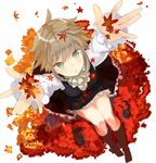 :o arms_up ascot autumn autumn_leaves frilled_skirt frills from_above green_eyes highres kneehighs leaf looking_at_viewer looking_up maple_leaf mary_janes nekomegane open_mouth original outstretched_arms perspective playing shoes shoes_removed short_hair silver_hair sitting skirt skirt_set solo 
