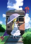  abandoned absurdres blonde_hair blush bow bush closed_mouth cloud commentary_request day dress frilled_umbrella frills gap_(touhou) gasubanana grass hair_bow hat hat_ribbon high_heels highres hill holding holding_umbrella long_hair long_sleeves looking_at_viewer partial_commentary purple_tabard purple_umbrella railroad_tracks red_bow red_ribbon ribbon sleeve_garter smile socks tabard touhou train umbrella white_dress white_hat white_socks wide_sleeves yakumo_yukari yellow_eyes 