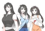  3girls arm_ribbon bare_shoulders black_choker black_hair black_vest blue_cardigan blush bodysuit breasts cardigan character_name choker closed_mouth collarbone earrings final_fantasy final_fantasy_ix final_fantasy_vii final_fantasy_vii:_advent_children final_fantasy_viii garnet_til_alexandros_xvii gloves highres index_finger_raised jewelry large_breasts lilykim_ffxiv long_hair looking_at_viewer low-tied_long_hair medium_breasts midriff_peek multiple_girls navel necklace open_mouth orange_bodysuit red_eyes red_gloves red_ribbon ribbon rinoa_heartilly shirt simple_background sleeveless smile swept_bangs tifa_lockhart trait_connection upper_body vest white_background white_shirt 