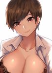  black_bra bra breasts brown_hair cleavage collarbone earrings highres jewelry large_breasts light_smile looking_at_viewer norman_maggot office_lady ol-chan_(norman_maggot) original short_hair simple_background solo underwear upper_body white_background 