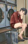  androgynous barefoot bench black_hair brown_shorts error grey_eyes hand_on_own_cheek head_rest indoors kantai_collection laundry looking_at_viewer makio_(makiomeigenbot) mogami_(kantai_collection) red_shirt school_uniform shirt short_hair shorts sitting slippers smile solo washing_machine 