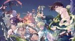  6+boys battle_tendency blonde_hair brown_hair bubble caesar_anthonio_zeppeli esidisi facial_mark fingerless_gloves fire gloves green_scarf hat headband hydrokinesis jojo_no_kimyou_na_bouken joseph_joestar joseph_joestar_(young) kars_(jojo) lid_(user_uxmj3833) lisa_lisa multiple_boys purple_hair rudolph_von_stroheim scarf stand_(jojo) star_(sky) striped_clothes striped_scarf wamuu water 