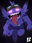  1boy black_gloves claws commentary english_commentary facing_viewer fangs gem_eyes gloves goggles goggles_on_head highres leviapanda male_focus open_mouth penis pokemon pokemon_(creature) sableye tongue tongue_out 