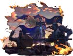  1girl 6+others absurdres armor armored_boots battle battle_standard black_pants blonde_hair blood blood_on_face blue_cape blue_eyes blue_flag boots border burning cape cloud covered_face cuirass fading_border fake_horns fire flag floating_hair game_asset gauntlets glint hand_on_hilt helmet highres holding holding_polearm holding_shield holding_sword holding_weapon horned_helmet horns long_hair multiple_others non-web_source official_art overskirt pants pauldrons polearm selina_(sword_of_convallaria) serious shield shoulder_armor solo_focus sword sword_of_convallaria war_flag weapon winged_helmet 