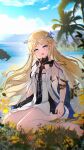  1girl absurdres bare_shoulders blonde_hair blue_eyes blue_sky breasts cartethyia_(wuthering_waves) chinese_commentary chromatic_aberration commentary_request day fleur-de-lis highres jewelry liangji_uu long_hair looking_at_viewer necklace open_mouth outdoors parted_bangs pointy_ears sidelocks sitting sky small_breasts smile solo tacet_mark_(wuthering_waves) wuthering_waves yokozuwari 
