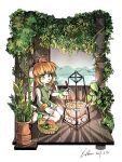  1girl absurdres animal_nose anklet basset_hound black_nose cooking dog_girl dog_tail freedom_planet freedom_planet_1 fruit_basket furry furry_female green_eyes highres jewelry long_animal_ears milla_basset nikoyosan orange_hair plant seiza short_hair sitting tail white_fur 