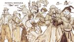  4boys 4girls 7wo5 agnea_bristarni akala_(octopath_traveler) animal_ears animal_nose anniversary backless_dress backless_outfit beard bird bow_(weapon) braid braided_ponytail cape castti_florenz cat_ears chain closed_mouth coat commentary copyright_name dancer dog_tail dress facial_hair fox frilled_skirt frills glasses gloves hat high_ponytail hikari_ku holding holding_bow_(weapon) holding_sword holding_weapon jacket jacket_on_shoulders long_hair long_skirt looking_at_viewer looking_back mahina_(octopath_traveler) monochrome multiple_boys multiple_girls nurse nurse_cap ochette_(octopath_traveler) octopath_traveler octopath_traveler_ii octopuff_traveler_(octopath_traveler) osvald_v._vanstein owl pants partitio_yellowil ponytail robe sash shirt short_hair skirt smile sword tabard tail temenos_mistral throne_anguis wavy_sidelocks weapon white_background 