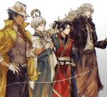  4boys 7wo5 beard black_bodysuit black_coat black_hair black_pants blonde_hair bodysuit cape chain coat commentary_request dark-skinned_male dark_skin facial_hair glasses gloves green_robe grey_hair hand_on_own_hip hat hikari_ku holding holding_staff jacket jacket_on_shoulders long_hair looking_ahead male_focus multiple_boys octopath_traveler octopath_traveler_ii osvald_v._vanstein pants partitio_yellowil red_tabard robe short_hair smile staff standing tabard tassel temenos_mistral white_background white_cape white_gloves white_hat yellow_jacket 
