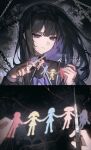  1girl absurdres akemi_homura akemi_homura_(magical_girl) artist_name black_background black_hair black_hairband chain chinese_commentary commentary_request cutting expressionless geezhii hairband highres holding holding_scissors kaname_madoka long_hair mahou_shoujo_madoka_magica mahou_shoujo_madoka_magica_(anime) miki_sayaka neck_ribbon paper_cutout portrait purple_eyes ribbon sakura_kyoko scissors silhouette solo tomoe_mami 