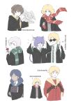  1other 2girls 3boys absurdres amuro_ray animal_ears black_hair black_robe blonde_hair blue_eyes blue_hair book brother_and_sister cat_ears cat_tail char_aznable character_request green_eyes grin gundam harry_potter_(series) highres holding holding_book holding_wand lalah_sune mobile_suit_gundam multiple_boys multiple_girls robe sayla_mass scarf short_hair siblings smile sunglasses tail tira_zhang wand white_background wizarding_world 